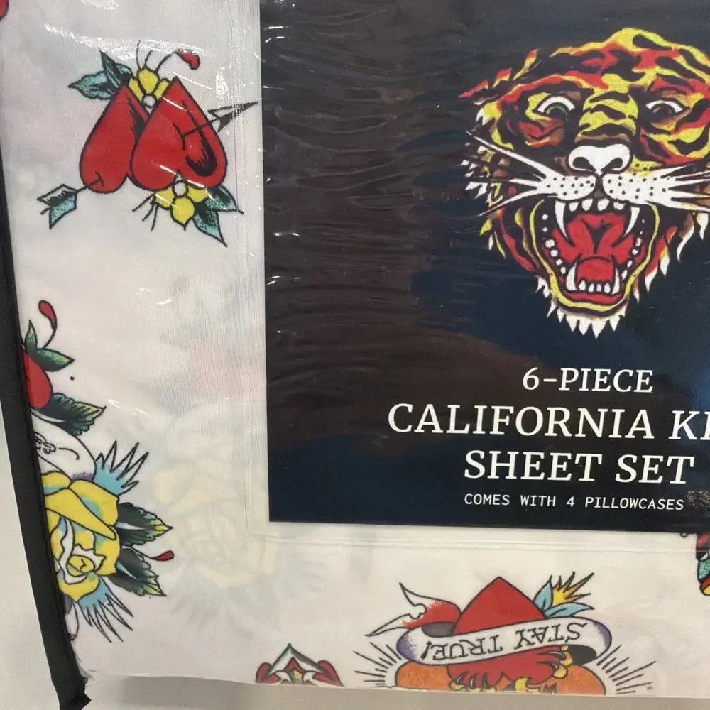 Ed Hardy 6-piece sheet set-Cal King Size-Tattoo Roses, Skulls, Eagles, Tiger NEW